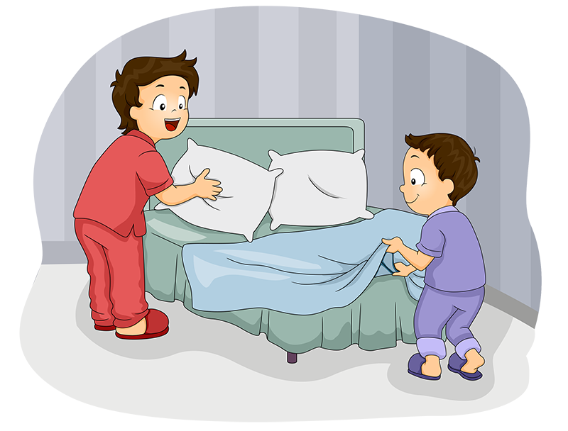 Child-helping-Mom-make-bed
